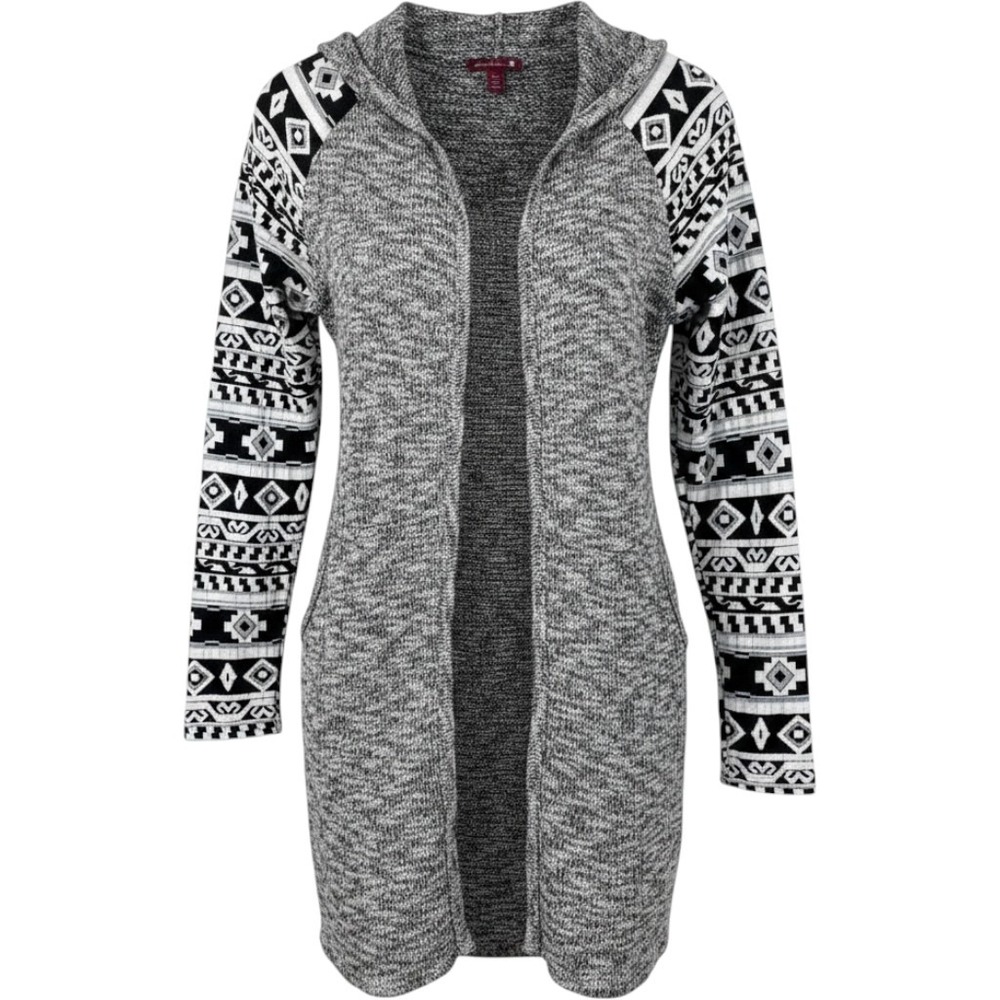 Silvergate Cardigan Sweater Women‎ Small Grey Tribal Geometric Hooded Open Front